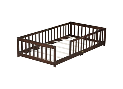 Twin Size Floor Bed with Fence without Door, Rubber Wood Floor Bed with Safety Guardrails,Espresso - 1st Choice Furniture Direct