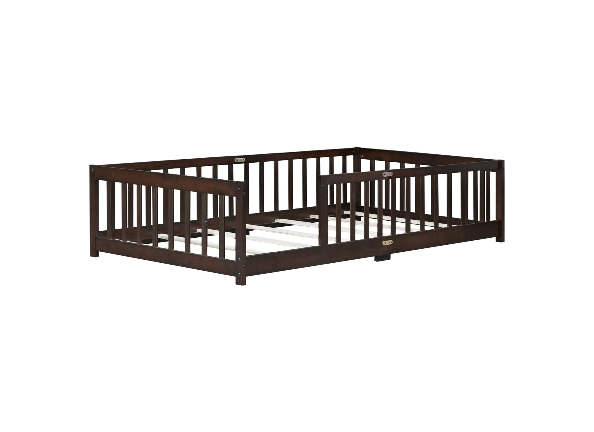 Twin Size Floor Bed with Fence without Door, Rubber Wood Floor Bed with Safety Guardrails,Espresso - 1st Choice Furniture Direct
