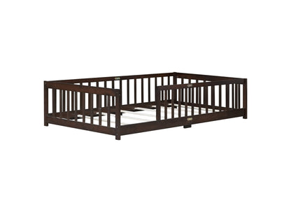 Twin Size Floor Bed with Fence without Door, Rubber Wood Floor Bed with Safety Guardrails,Espresso - 1st Choice Furniture Direct