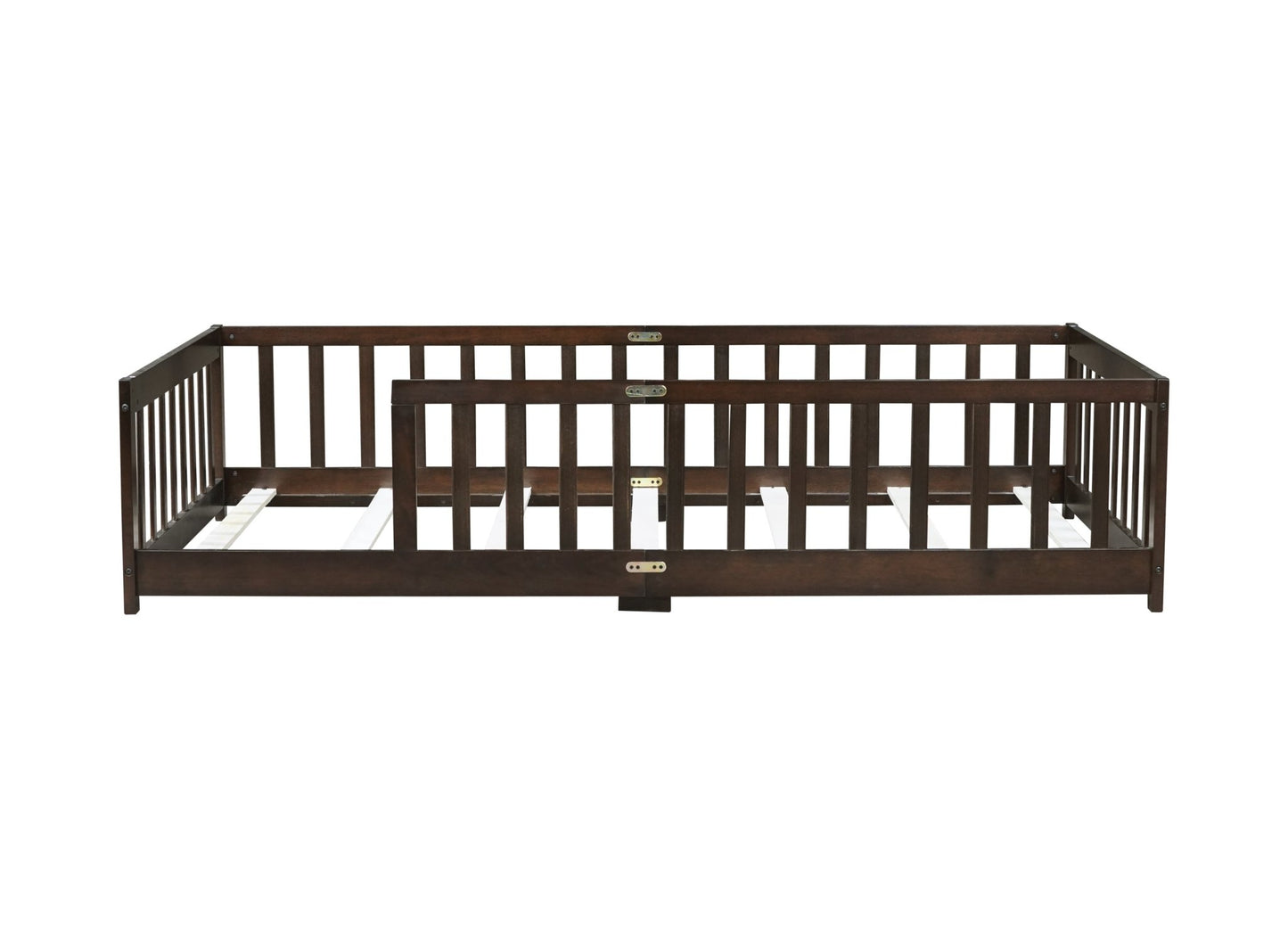 Twin Size Floor Bed with Fence without Door, Rubber Wood Floor Bed with Safety Guardrails,Espresso - 1st Choice Furniture Direct