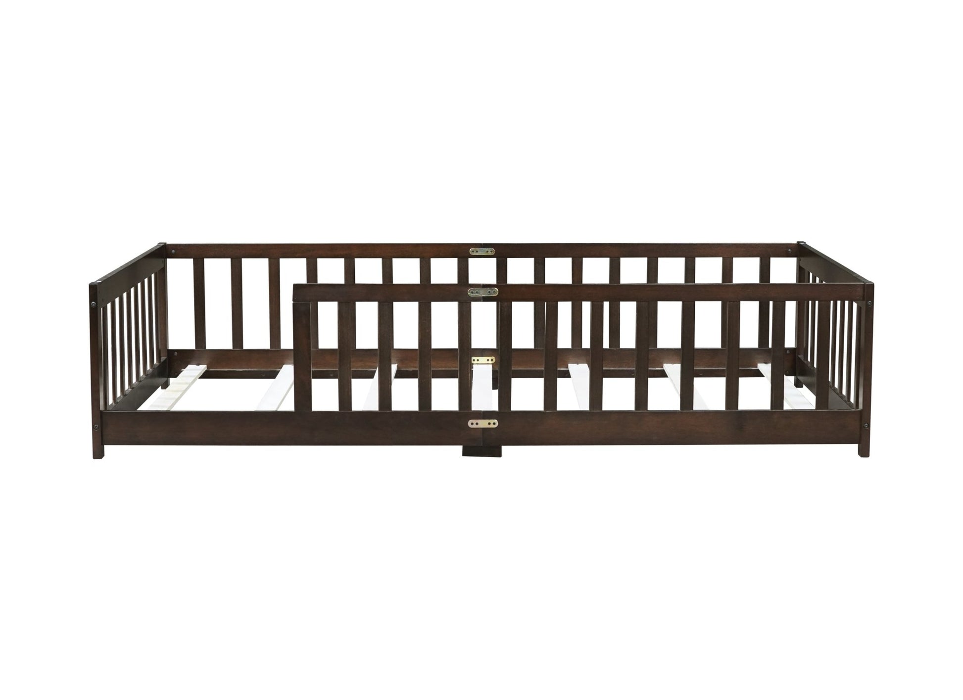 Twin Size Floor Bed with Fence without Door, Rubber Wood Floor Bed with Safety Guardrails,Espresso - 1st Choice Furniture Direct