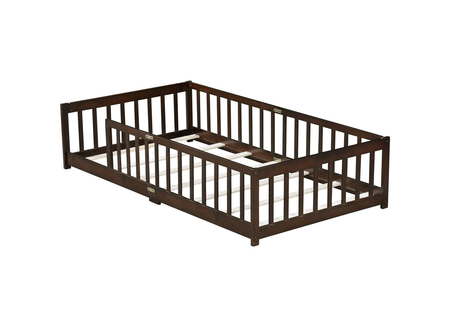 Twin Size Floor Bed with Fence without Door, Rubber Wood Floor Bed with Safety Guardrails,Espresso - 1st Choice Furniture Direct