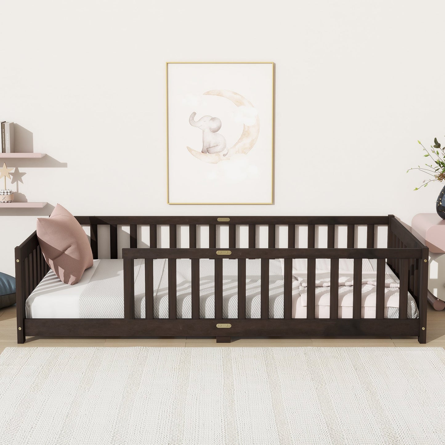 Twin Size Floor Bed with Fence without Door, Rubber Wood Floor Bed with Safety Guardrails,Espresso - 1st Choice Furniture Direct