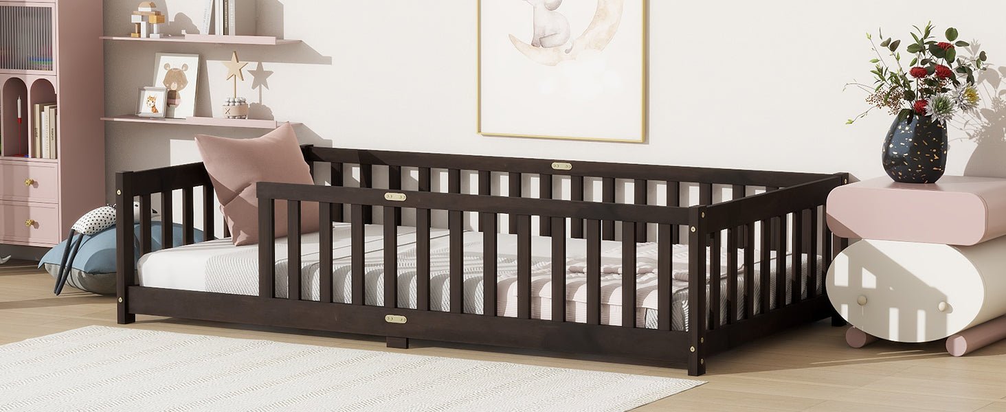 Twin Size Floor Bed with Fence without Door, Rubber Wood Floor Bed with Safety Guardrails,Espresso - 1st Choice Furniture Direct