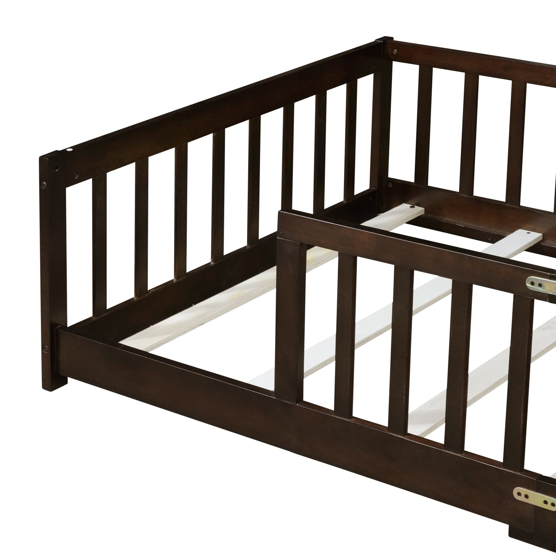 Twin Size Floor Bed with Fence without Door, Rubber Wood Floor Bed with Safety Guardrails,Espresso - 1st Choice Furniture Direct