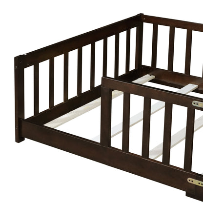 Twin Size Floor Bed with Fence without Door, Rubber Wood Floor Bed with Safety Guardrails,Espresso - 1st Choice Furniture Direct