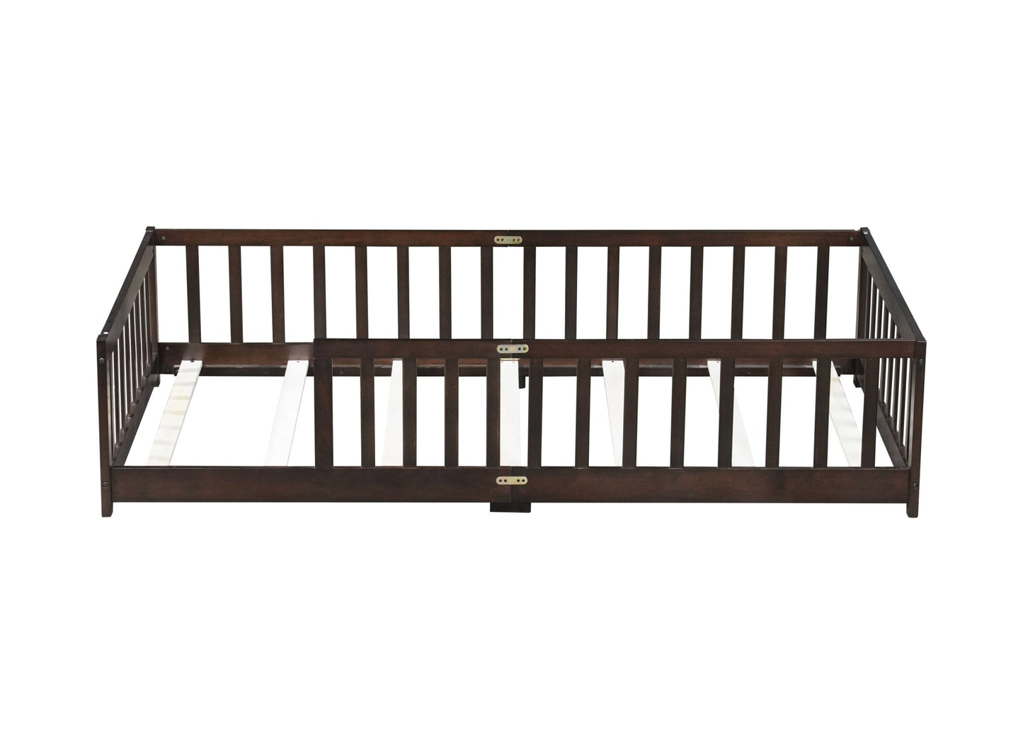 Twin Size Floor Bed with Fence without Door, Rubber Wood Floor Bed with Safety Guardrails,Espresso - 1st Choice Furniture Direct