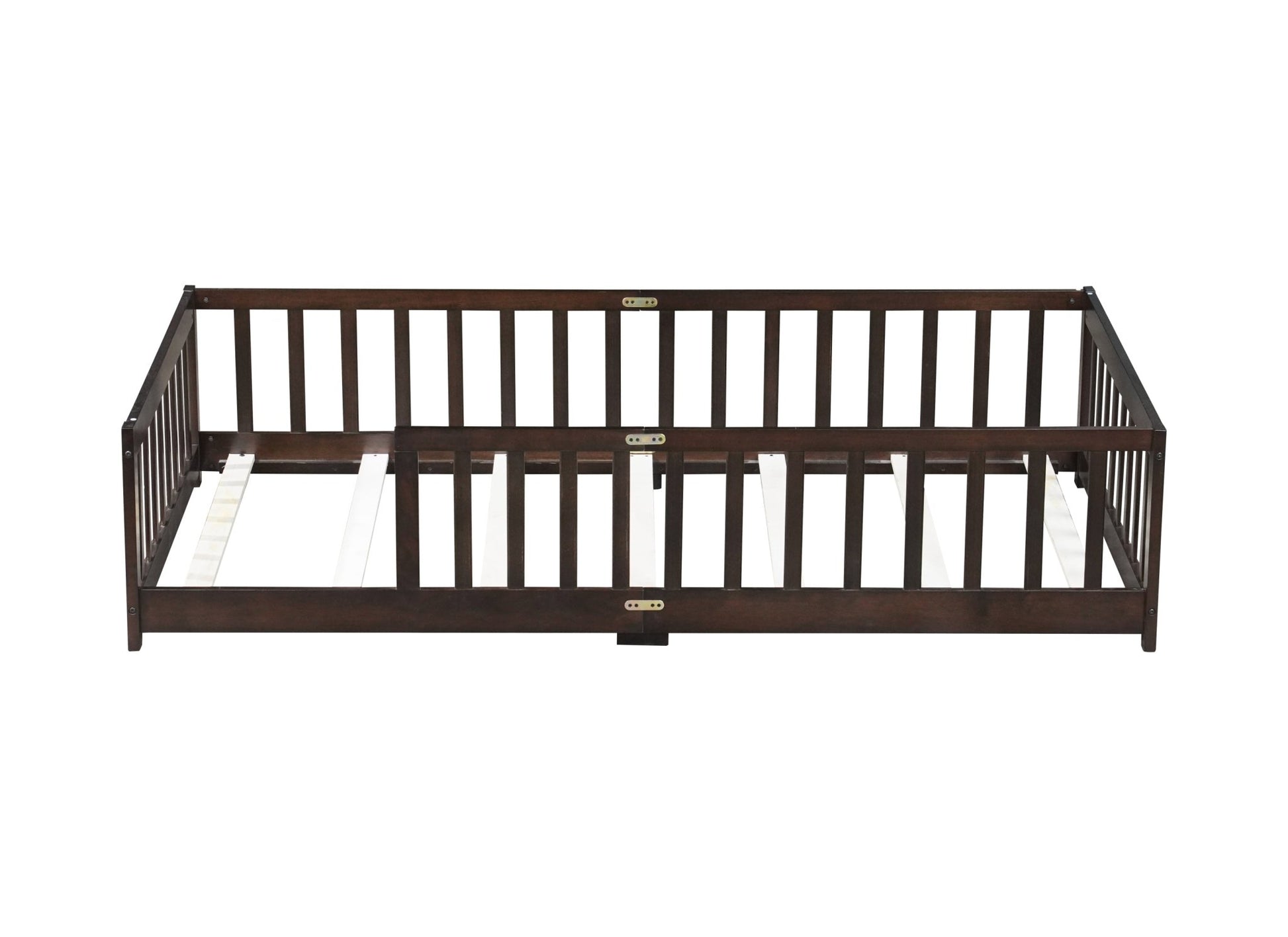 Twin Size Floor Bed with Fence without Door, Rubber Wood Floor Bed with Safety Guardrails,Espresso - 1st Choice Furniture Direct