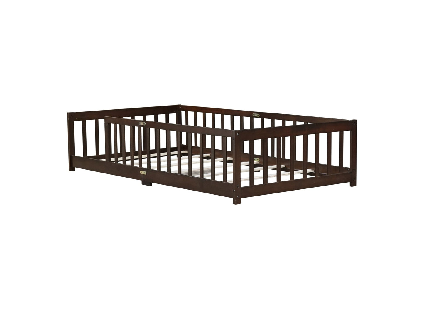 Twin Size Floor Bed with Fence without Door, Rubber Wood Floor Bed with Safety Guardrails,Espresso - 1st Choice Furniture Direct