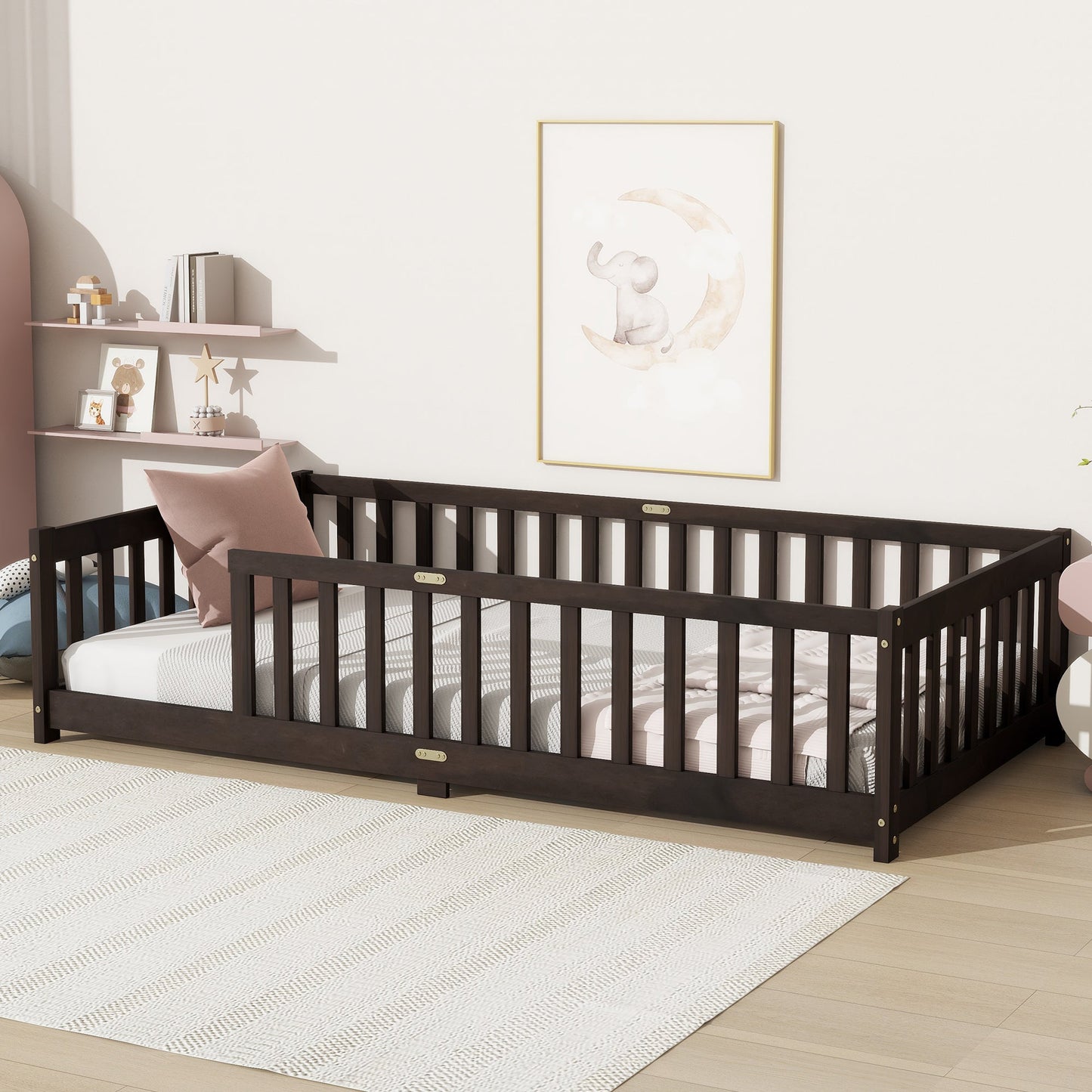 Twin Size Floor Bed with Fence without Door, Rubber Wood Floor Bed with Safety Guardrails,Espresso - 1st Choice Furniture Direct