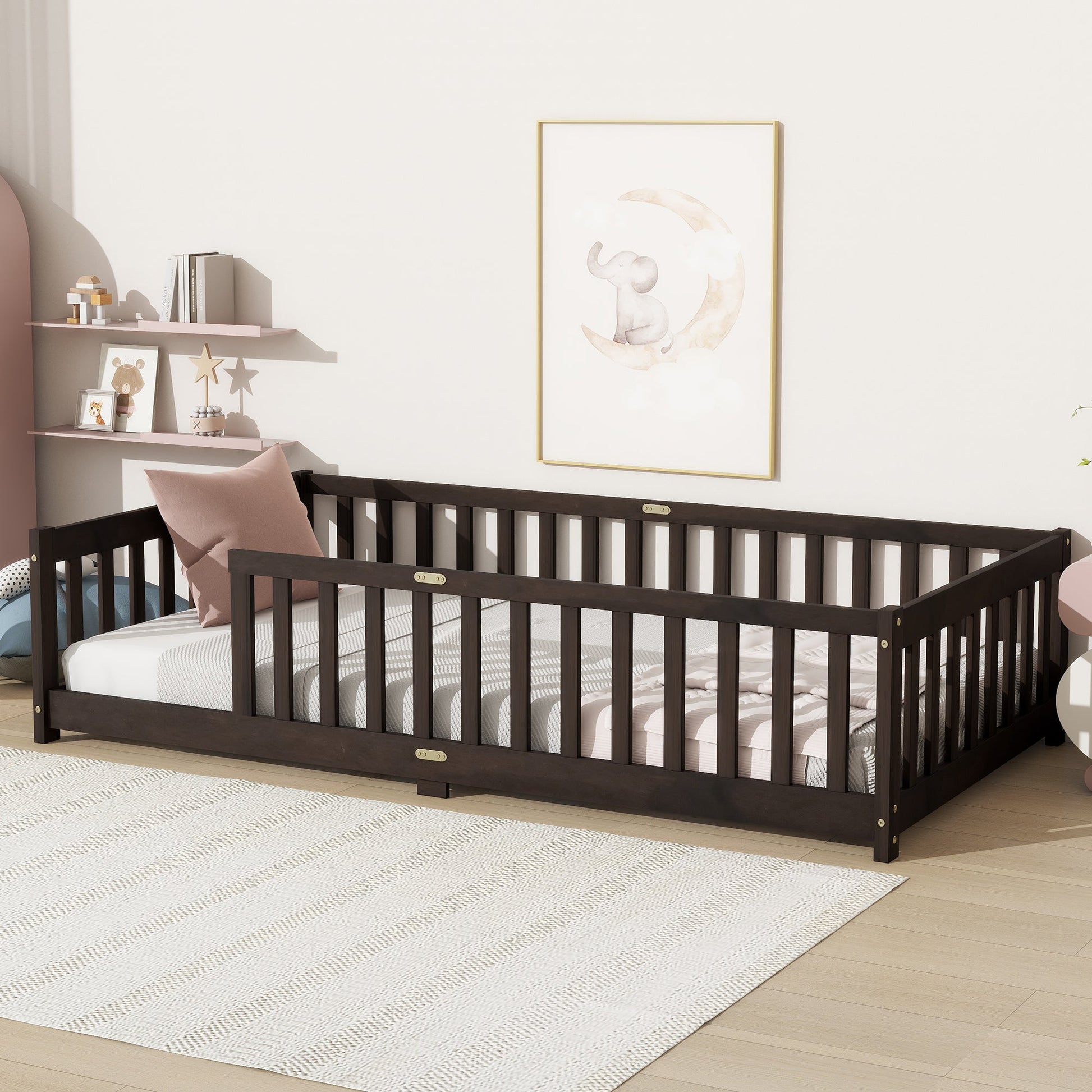 Twin Size Floor Bed with Fence without Door, Rubber Wood Floor Bed with Safety Guardrails,Espresso - 1st Choice Furniture Direct