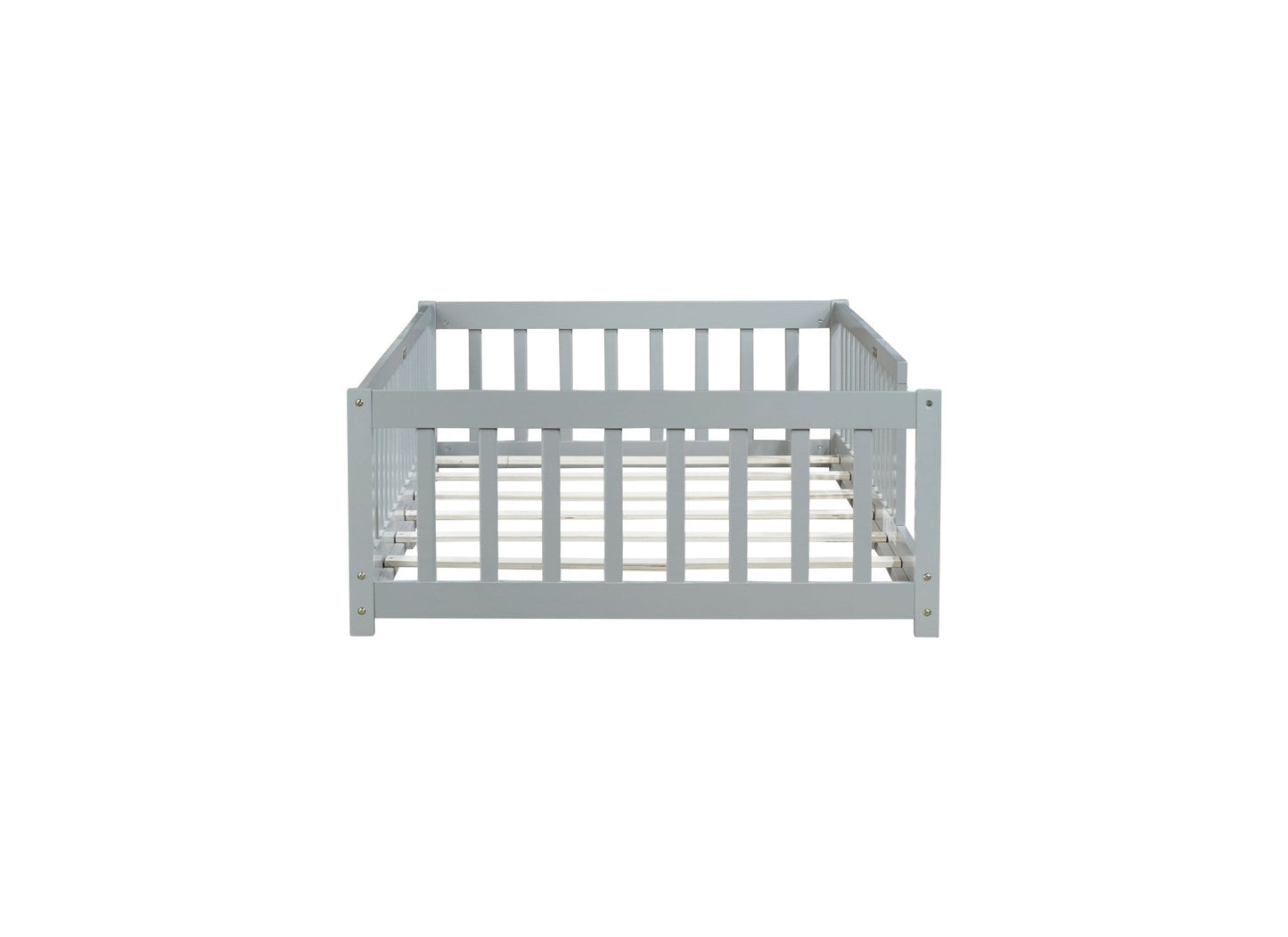 Twin Size Floor Bed with Fence without Door, Rubber Wood Floor Bed with Safety Guardrails,Grey - 1st Choice Furniture Direct