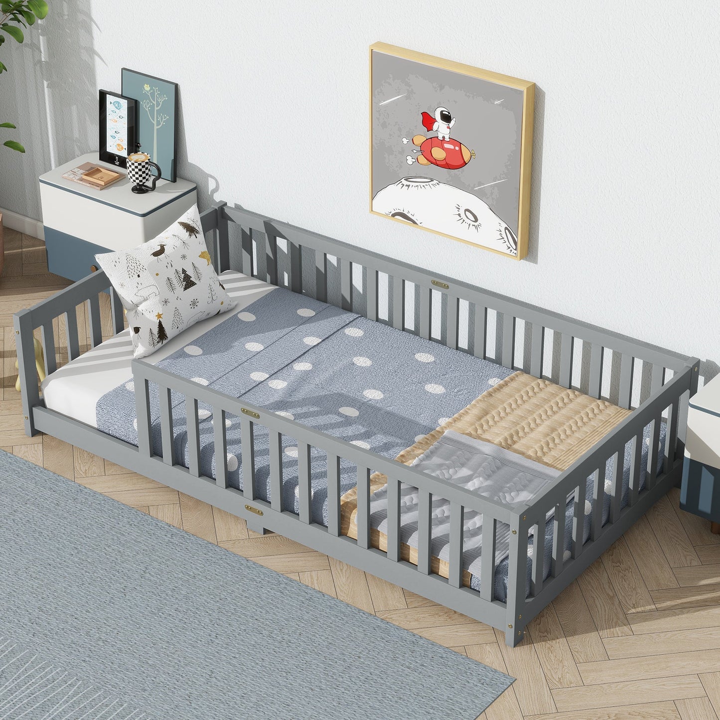 Twin Size Floor Bed with Fence without Door, Rubber Wood Floor Bed with Safety Guardrails,Grey - 1st Choice Furniture Direct