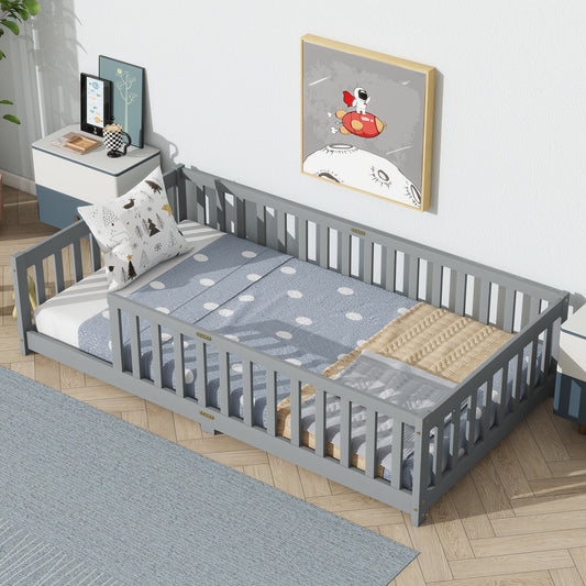Twin Size Floor Bed with Fence without Door, Rubber Wood Floor Bed with Safety Guardrails,Grey - 1st Choice Furniture Direct