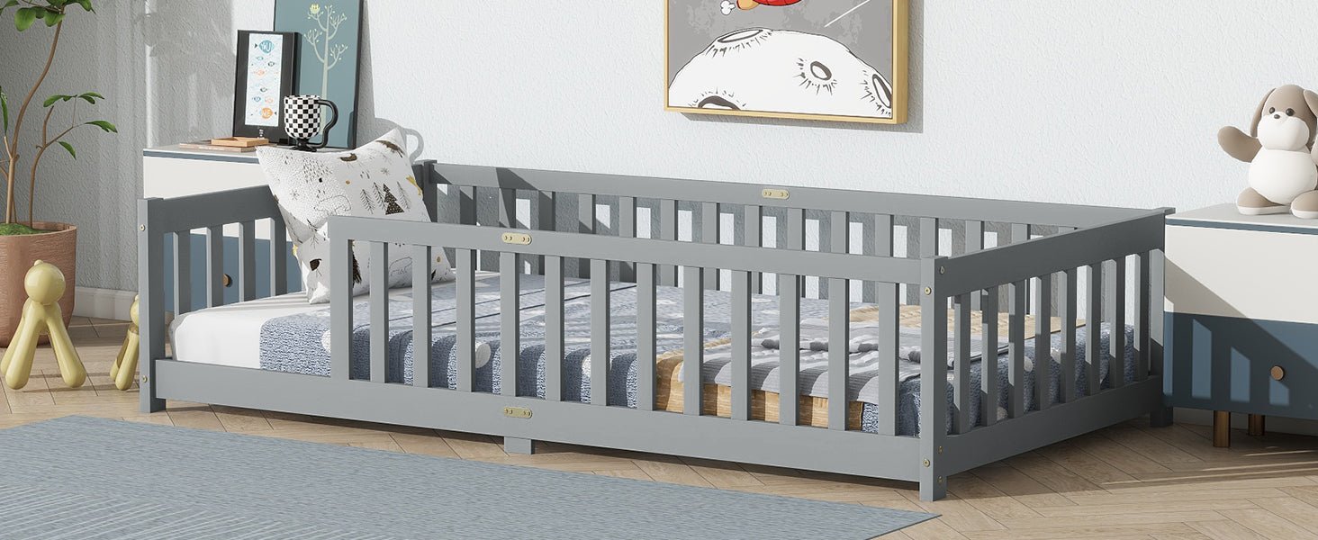 Twin Size Floor Bed with Fence without Door, Rubber Wood Floor Bed with Safety Guardrails,Grey - 1st Choice Furniture Direct