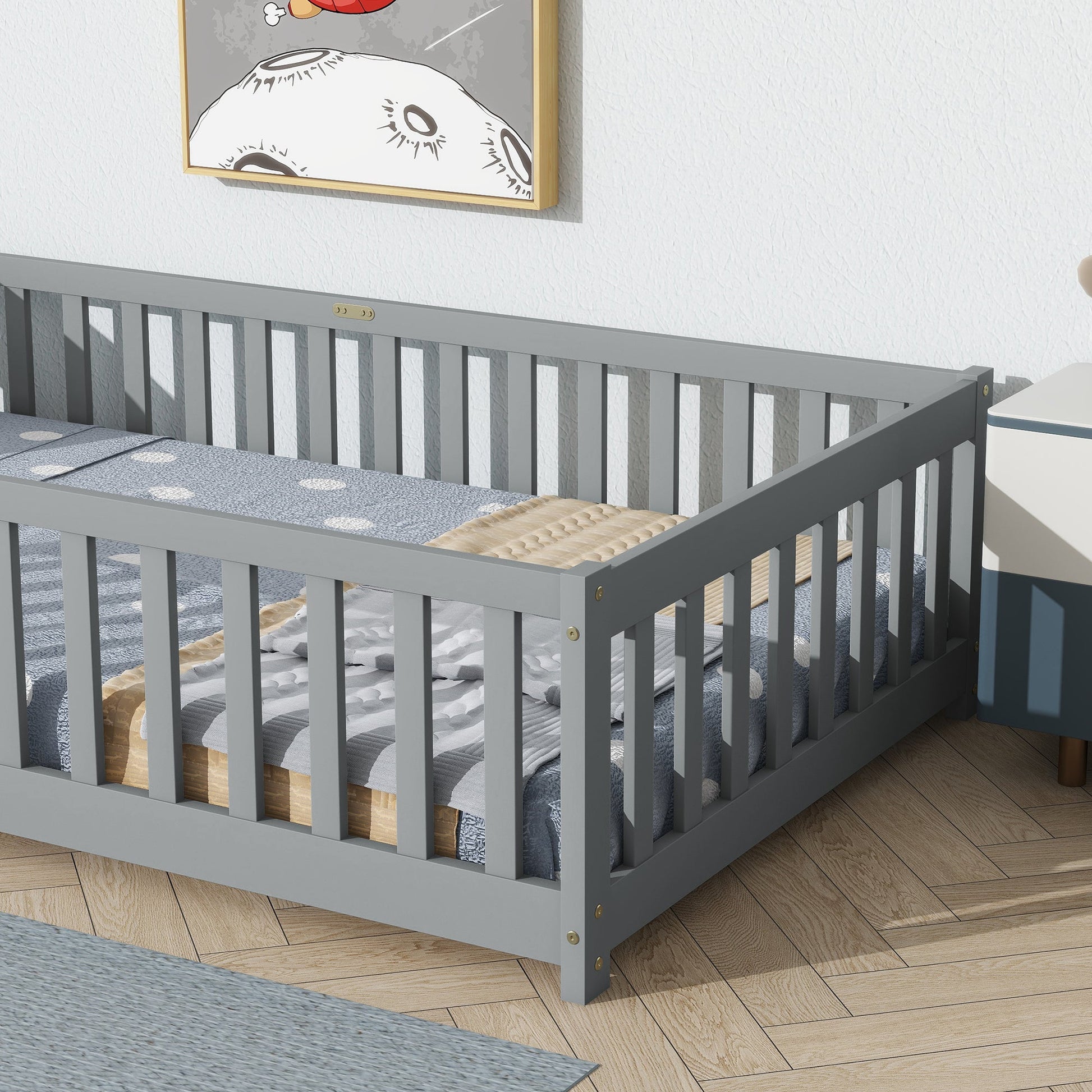 Twin Size Floor Bed with Fence without Door, Rubber Wood Floor Bed with Safety Guardrails,Grey - 1st Choice Furniture Direct