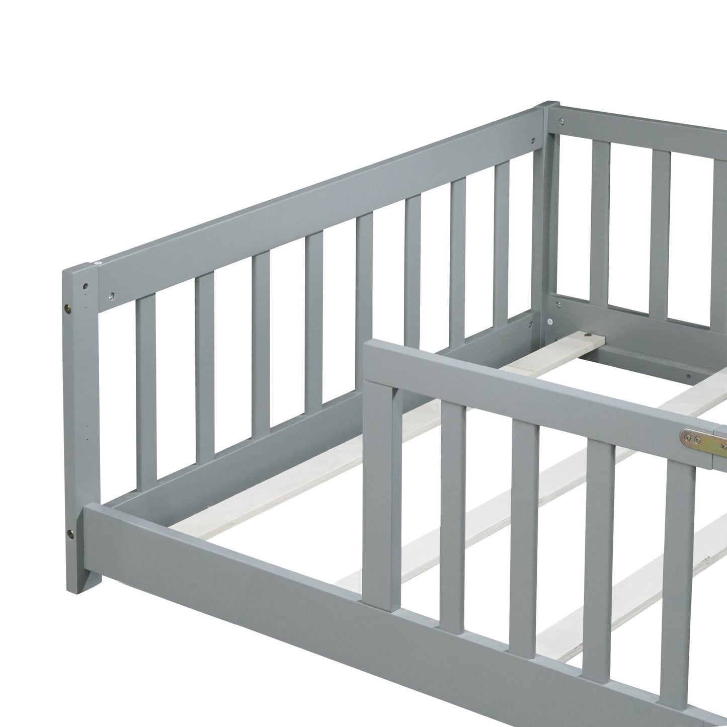 Twin Size Floor Bed with Fence without Door, Rubber Wood Floor Bed with Safety Guardrails,Grey - 1st Choice Furniture Direct