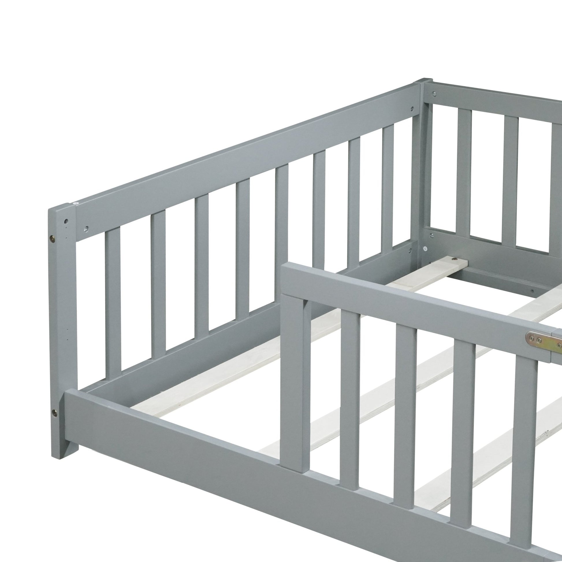 Twin Size Floor Bed with Fence without Door, Rubber Wood Floor Bed with Safety Guardrails,Grey - 1st Choice Furniture Direct