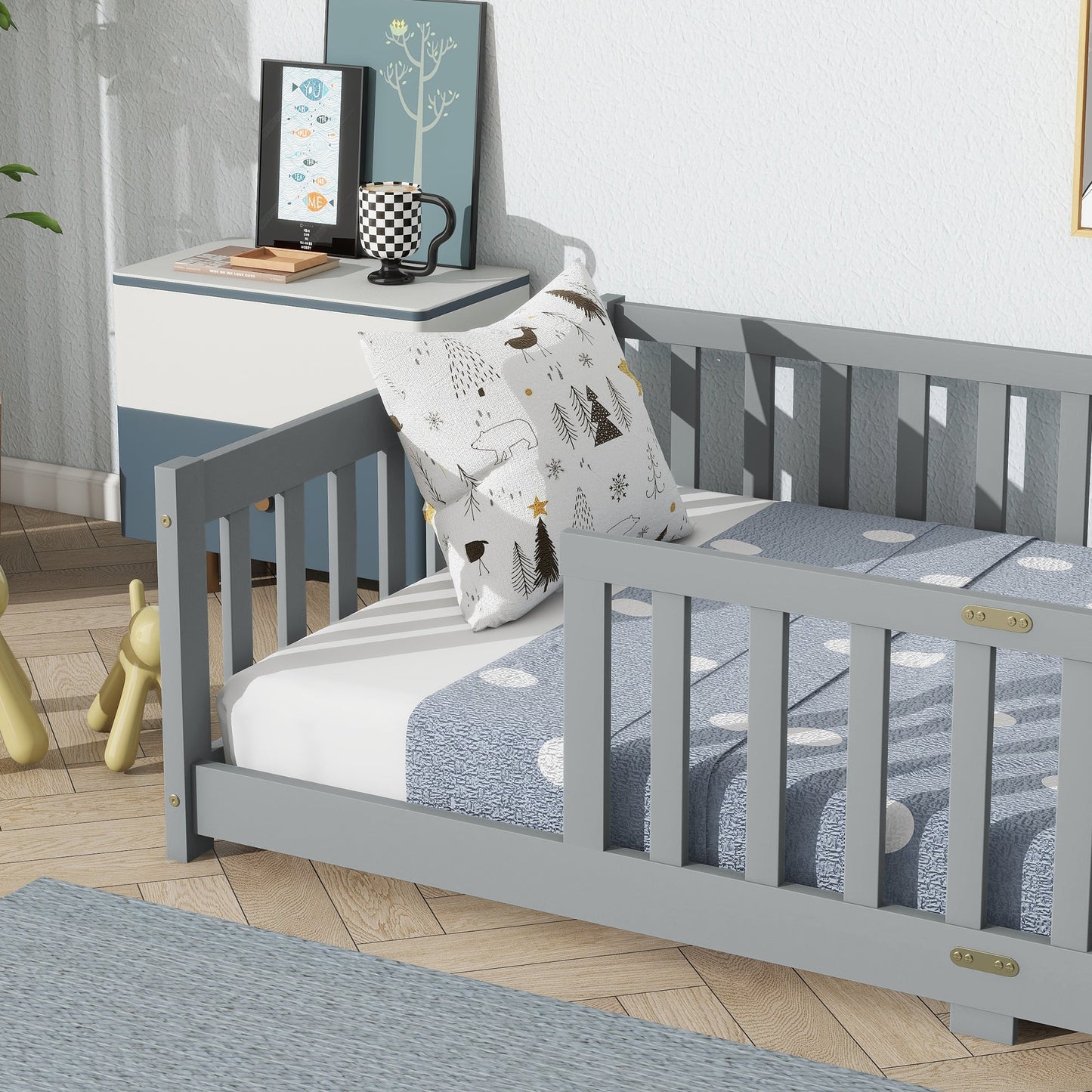 Twin Size Floor Bed with Fence without Door, Rubber Wood Floor Bed with Safety Guardrails,Grey - 1st Choice Furniture Direct