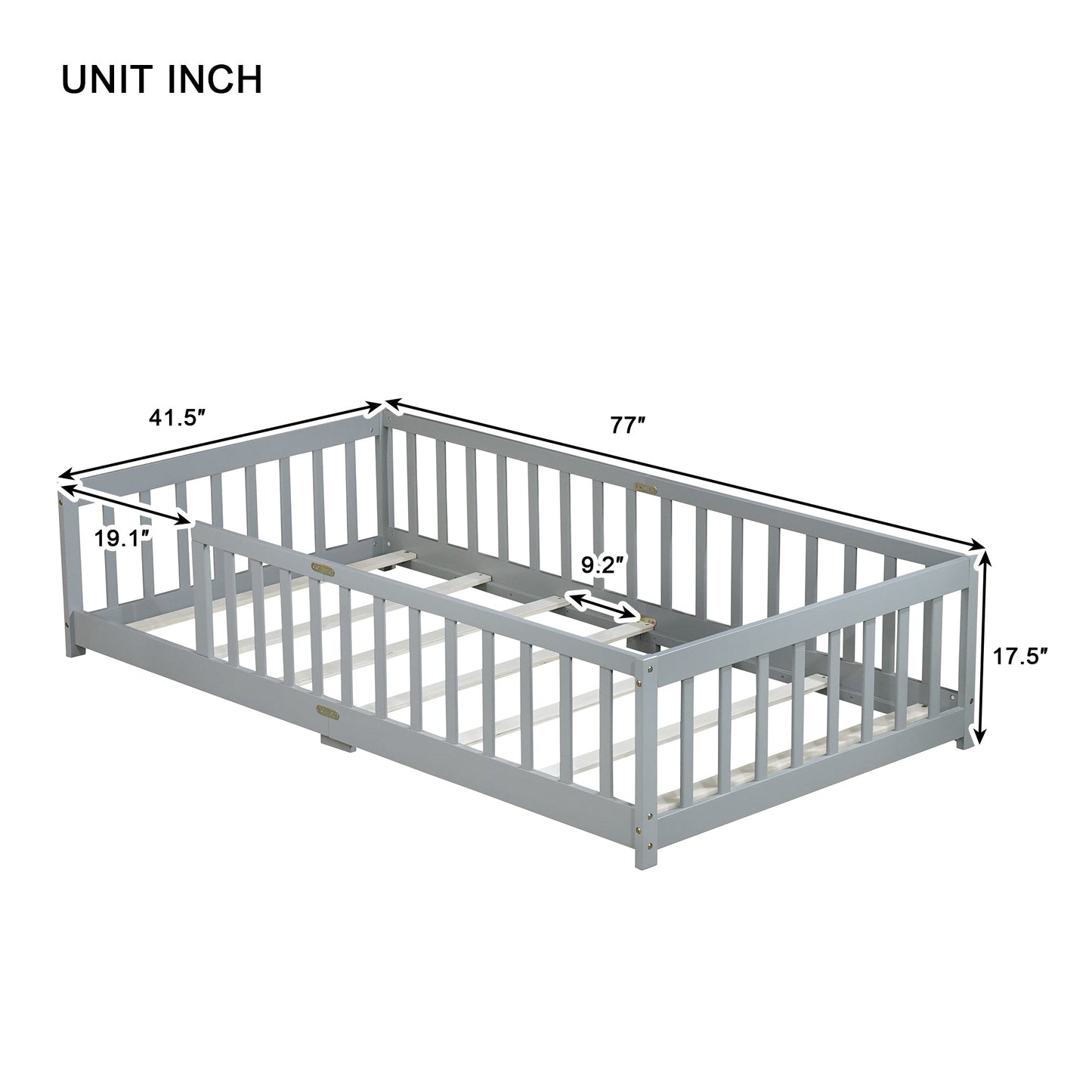 Twin Size Floor Bed with Fence without Door, Rubber Wood Floor Bed with Safety Guardrails,Grey - 1st Choice Furniture Direct