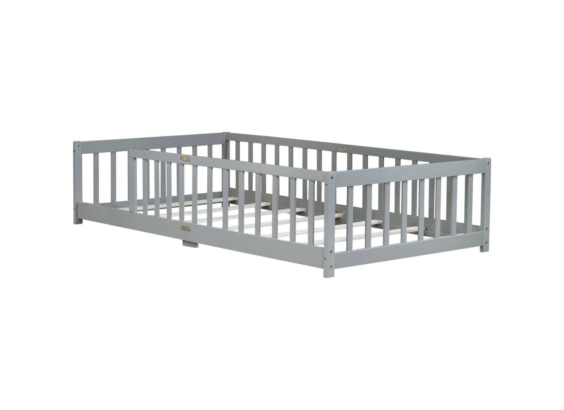 Twin Size Floor Bed with Fence without Door, Rubber Wood Floor Bed with Safety Guardrails,Grey - 1st Choice Furniture Direct