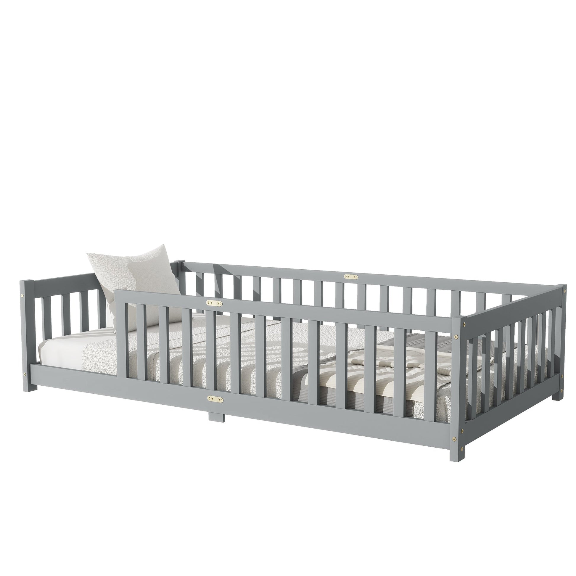 Twin Size Floor Bed with Fence without Door, Rubber Wood Floor Bed with Safety Guardrails,Grey - 1st Choice Furniture Direct