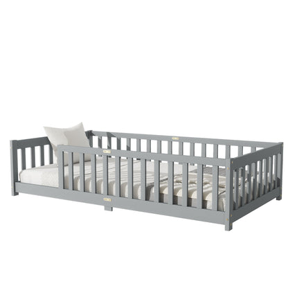 Twin Size Floor Bed with Fence without Door, Rubber Wood Floor Bed with Safety Guardrails,Grey - 1st Choice Furniture Direct