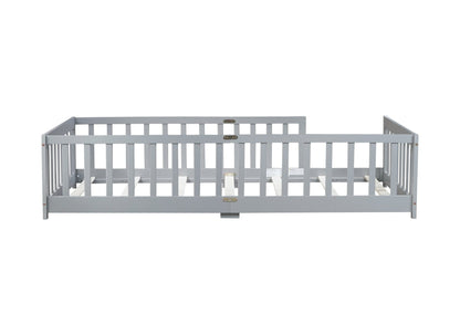 Twin Size Floor Bed with Fence without Door, Rubber Wood Floor Bed with Safety Guardrails,Grey - 1st Choice Furniture Direct