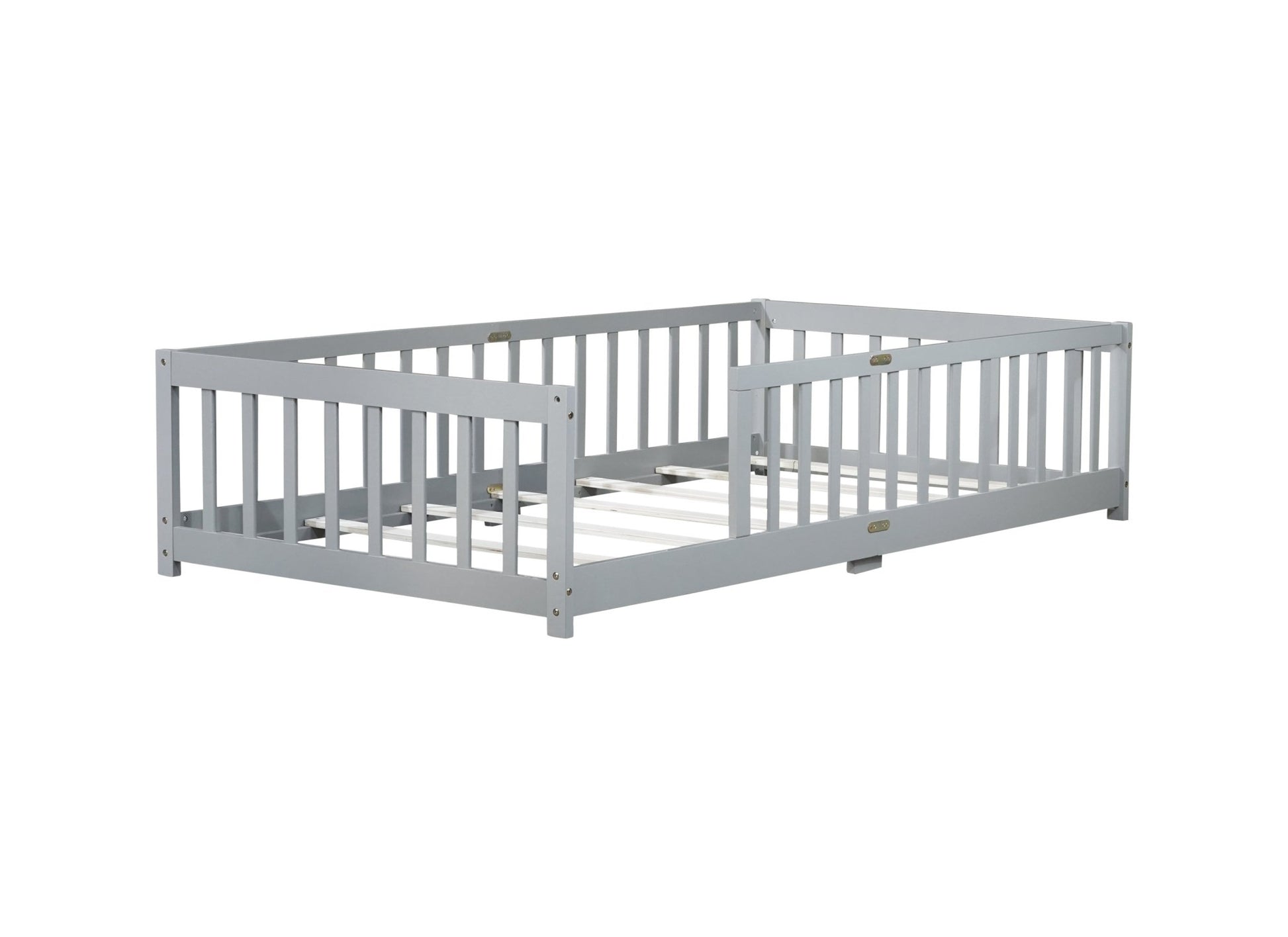 Twin Size Floor Bed with Fence without Door, Rubber Wood Floor Bed with Safety Guardrails,Grey - 1st Choice Furniture Direct