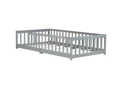 Twin Size Floor Bed with Fence without Door, Rubber Wood Floor Bed with Safety Guardrails,Grey - 1st Choice Furniture Direct