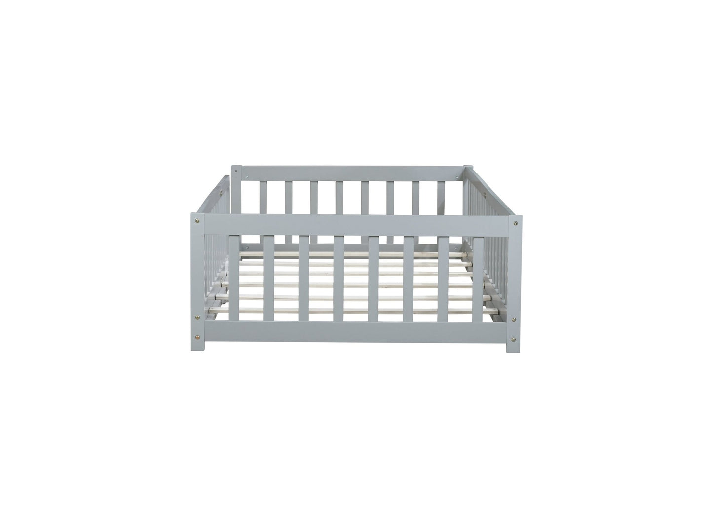 Twin Size Floor Bed with Fence without Door, Rubber Wood Floor Bed with Safety Guardrails,Grey - 1st Choice Furniture Direct