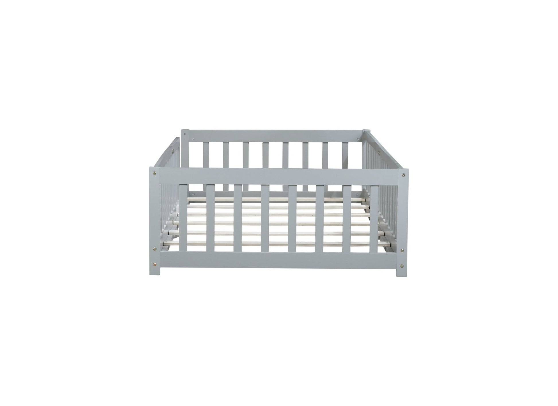 Twin Size Floor Bed with Fence without Door, Rubber Wood Floor Bed with Safety Guardrails,Grey - 1st Choice Furniture Direct