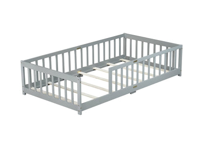 Twin Size Floor Bed with Fence without Door, Rubber Wood Floor Bed with Safety Guardrails,Grey - 1st Choice Furniture Direct