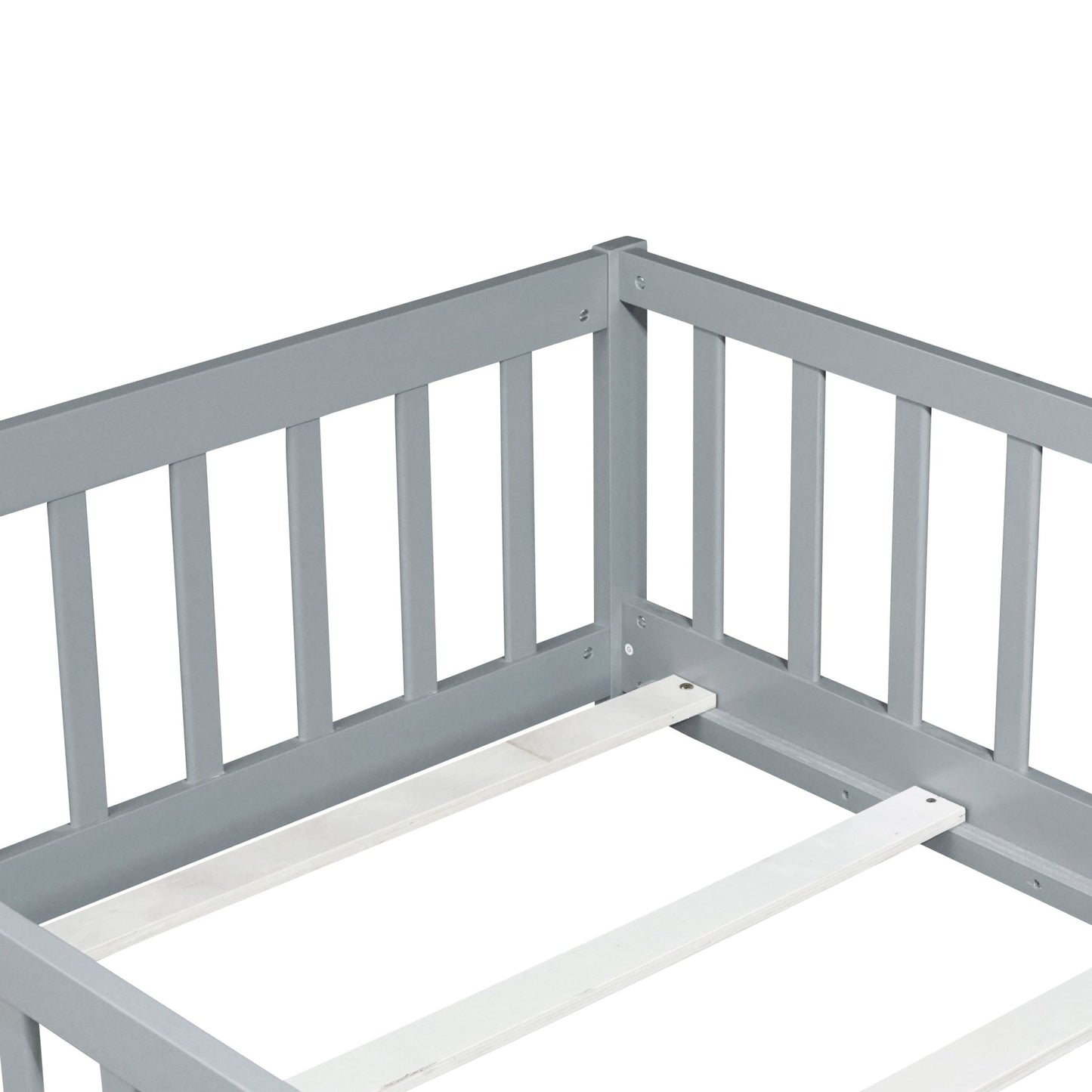 Twin Size Floor Bed with Fence without Door, Rubber Wood Floor Bed with Safety Guardrails,Grey - 1st Choice Furniture Direct