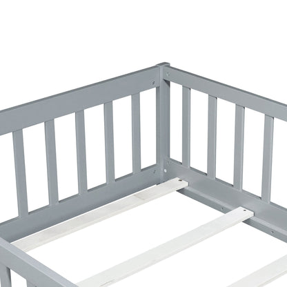 Twin Size Floor Bed with Fence without Door, Rubber Wood Floor Bed with Safety Guardrails,Grey - 1st Choice Furniture Direct