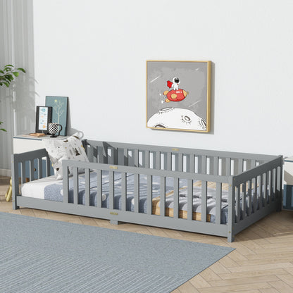 Twin Size Floor Bed with Fence without Door, Rubber Wood Floor Bed with Safety Guardrails,Grey - 1st Choice Furniture Direct