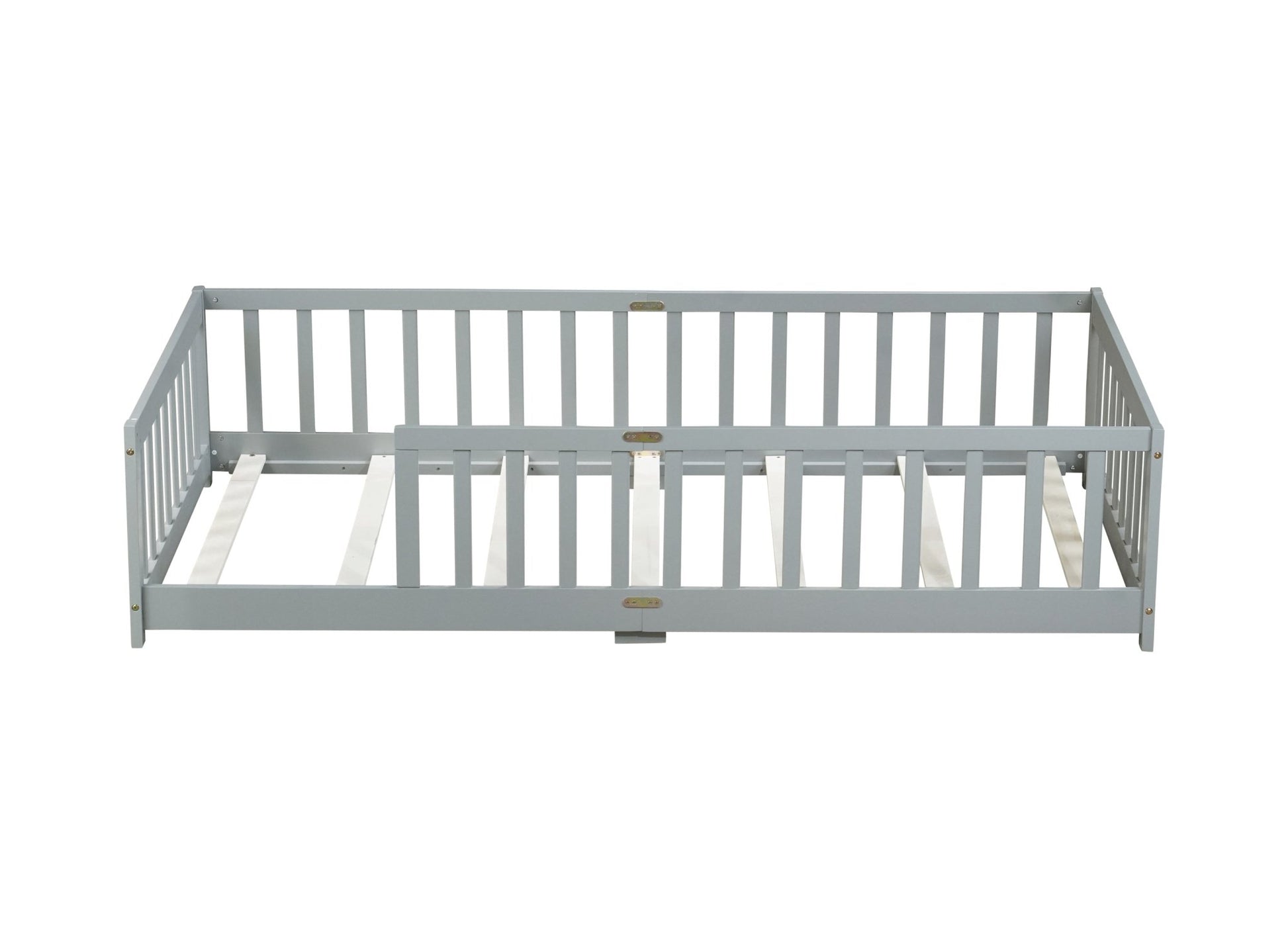 Twin Size Floor Bed with Fence without Door, Rubber Wood Floor Bed with Safety Guardrails,Grey - 1st Choice Furniture Direct
