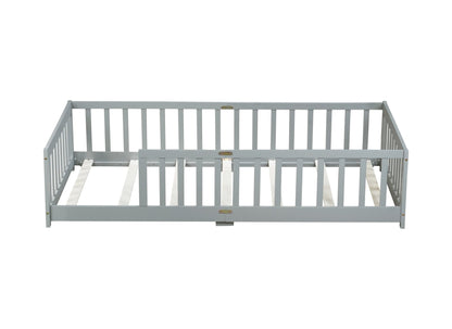 Twin Size Floor Bed with Fence without Door, Rubber Wood Floor Bed with Safety Guardrails,Grey - 1st Choice Furniture Direct