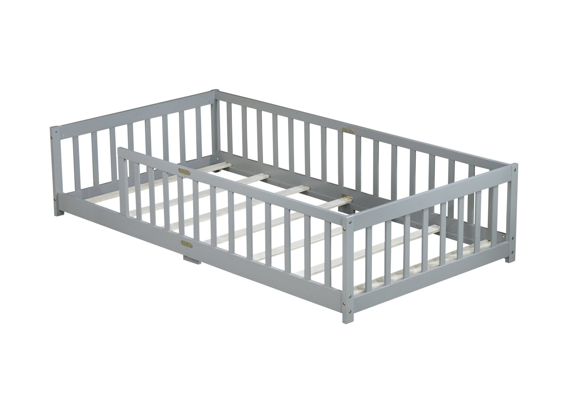 Twin Size Floor Bed with Fence without Door, Rubber Wood Floor Bed with Safety Guardrails,Grey - 1st Choice Furniture Direct