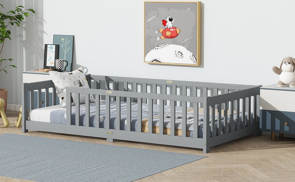Twin Size Floor Bed with Fence without Door, Rubber Wood Floor Bed with Safety Guardrails,Grey - 1st Choice Furniture Direct