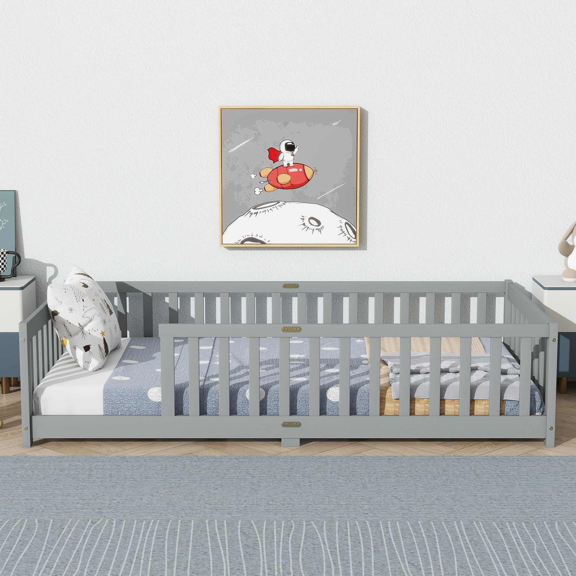 Twin Size Floor Bed with Fence without Door, Rubber Wood Floor Bed with Safety Guardrails,Grey - 1st Choice Furniture Direct
