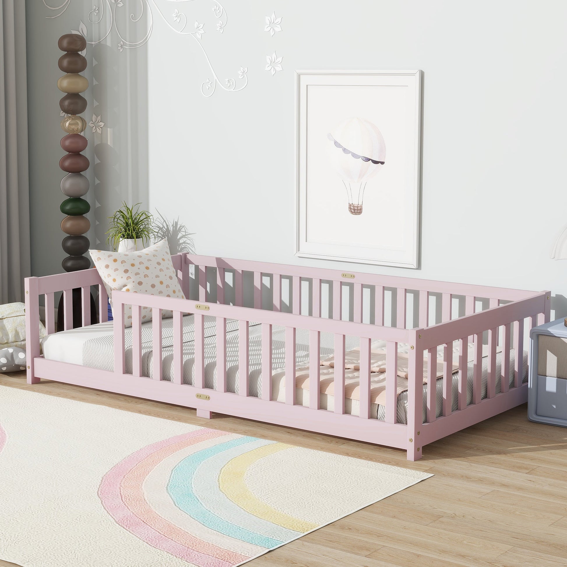 Twin Size Floor Bed with Fence without Door, Rubber Wood Floor Bed with Safety Guardrails,Pink - 1st Choice Furniture Direct