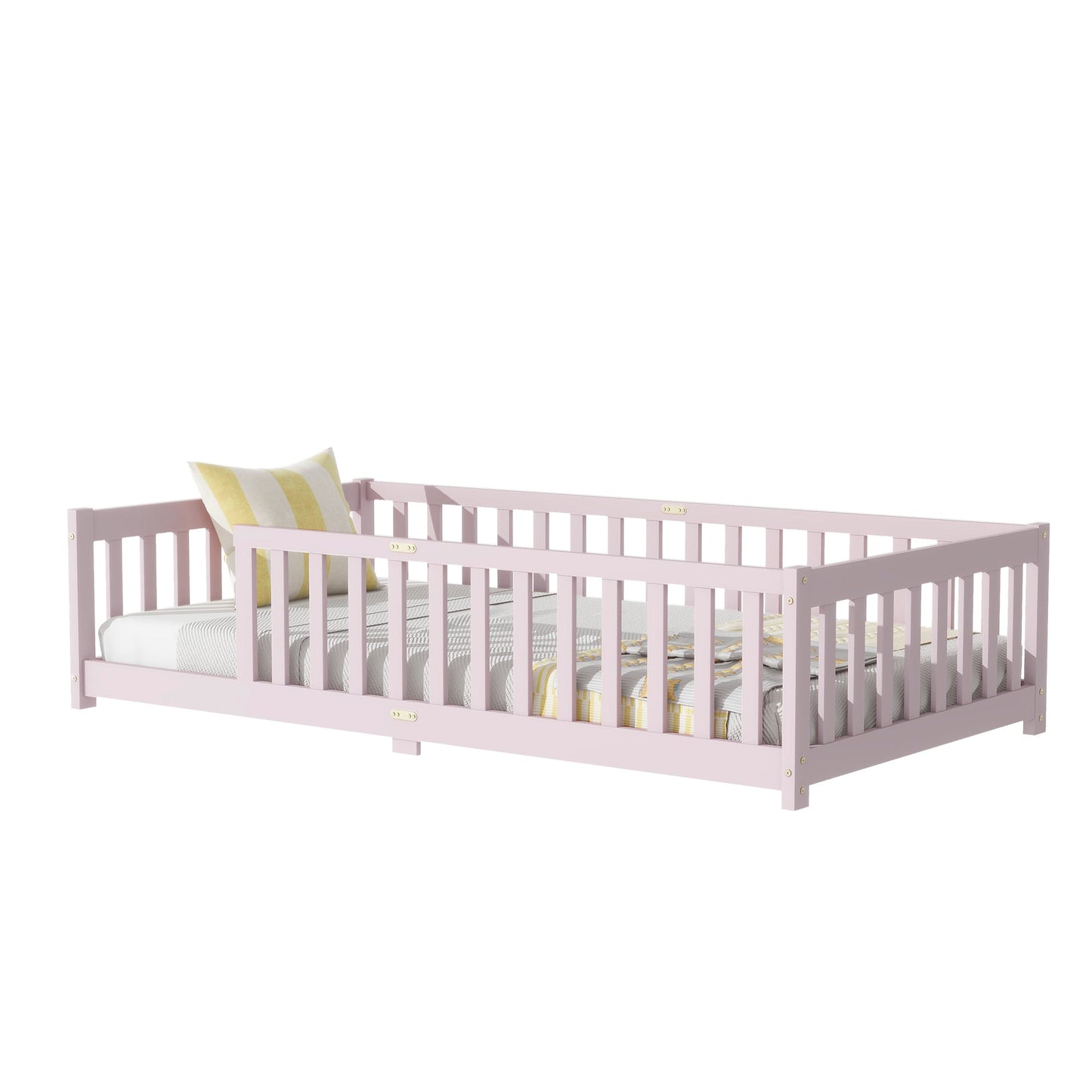 Twin Size Floor Bed with Fence without Door, Rubber Wood Floor Bed with Safety Guardrails,Pink - 1st Choice Furniture Direct