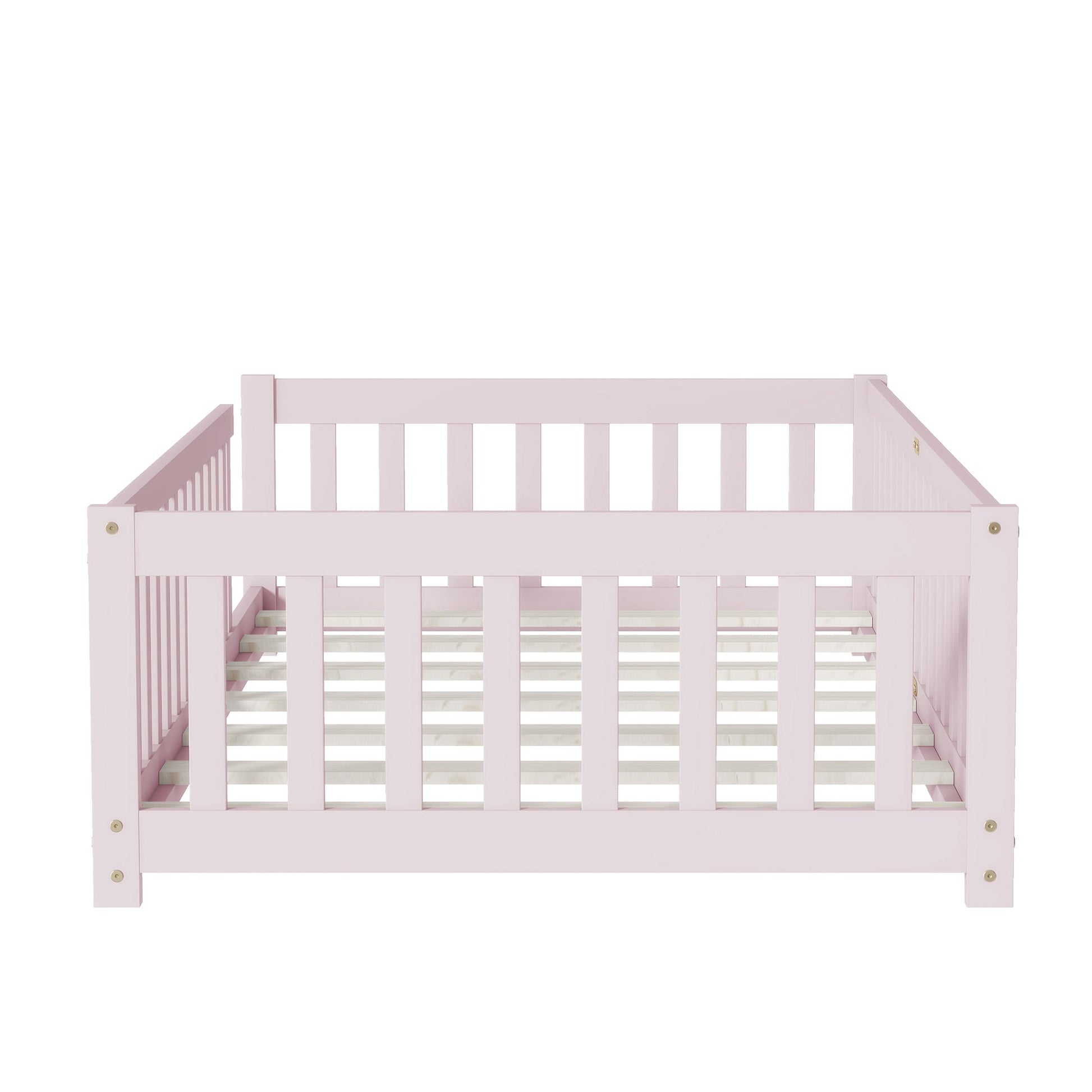 Twin Size Floor Bed with Fence without Door, Rubber Wood Floor Bed with Safety Guardrails,Pink - 1st Choice Furniture Direct