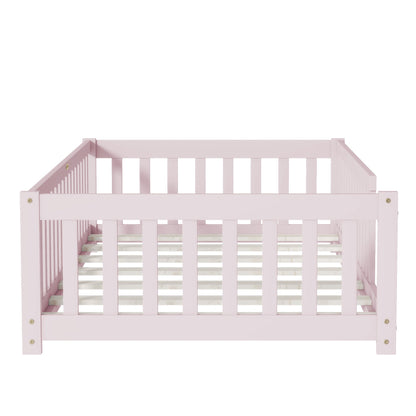 Twin Size Floor Bed with Fence without Door, Rubber Wood Floor Bed with Safety Guardrails,Pink - 1st Choice Furniture Direct