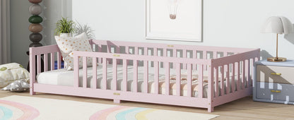 Twin Size Floor Bed with Fence without Door, Rubber Wood Floor Bed with Safety Guardrails,Pink - 1st Choice Furniture Direct