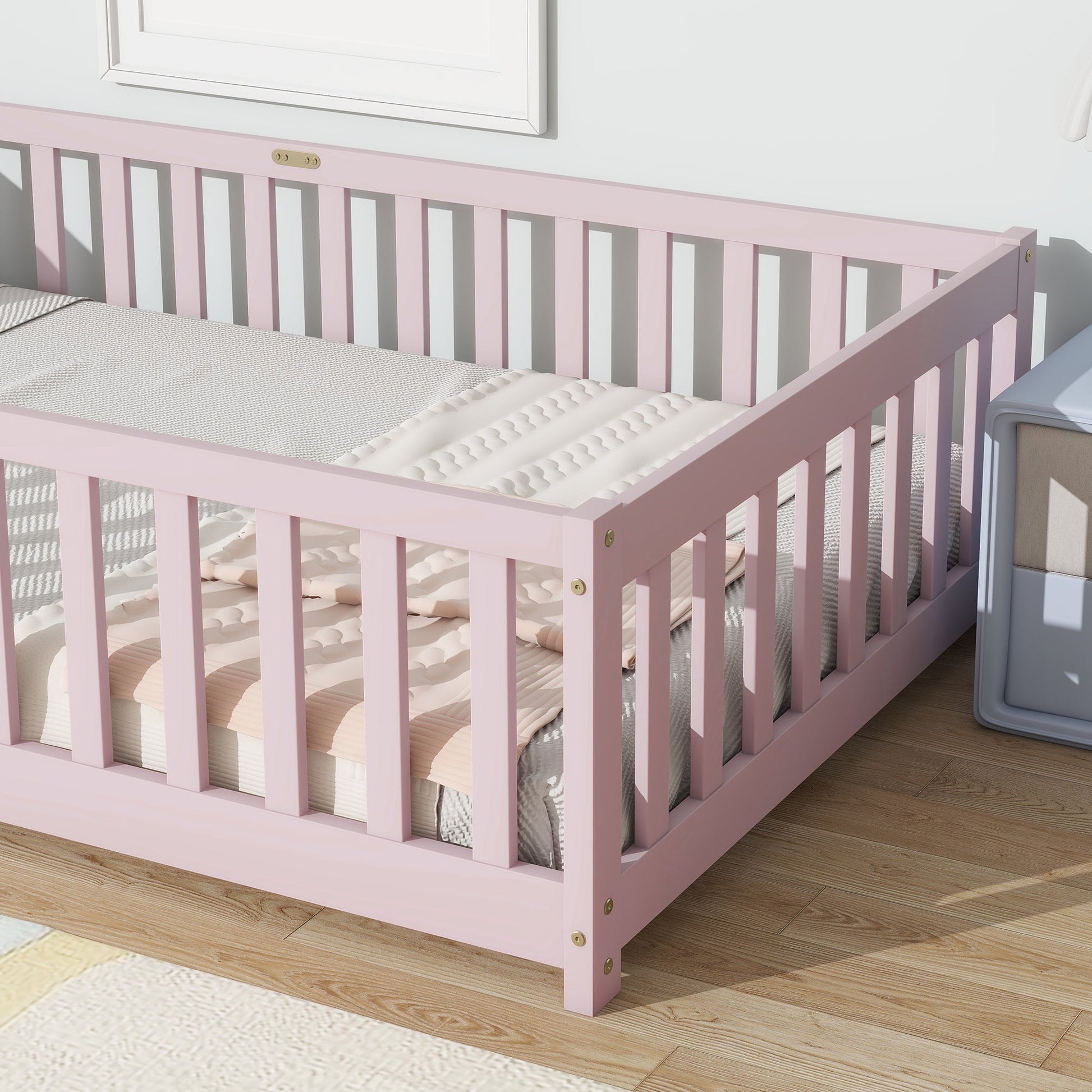 Twin Size Floor Bed with Fence without Door, Rubber Wood Floor Bed with Safety Guardrails,Pink - 1st Choice Furniture Direct