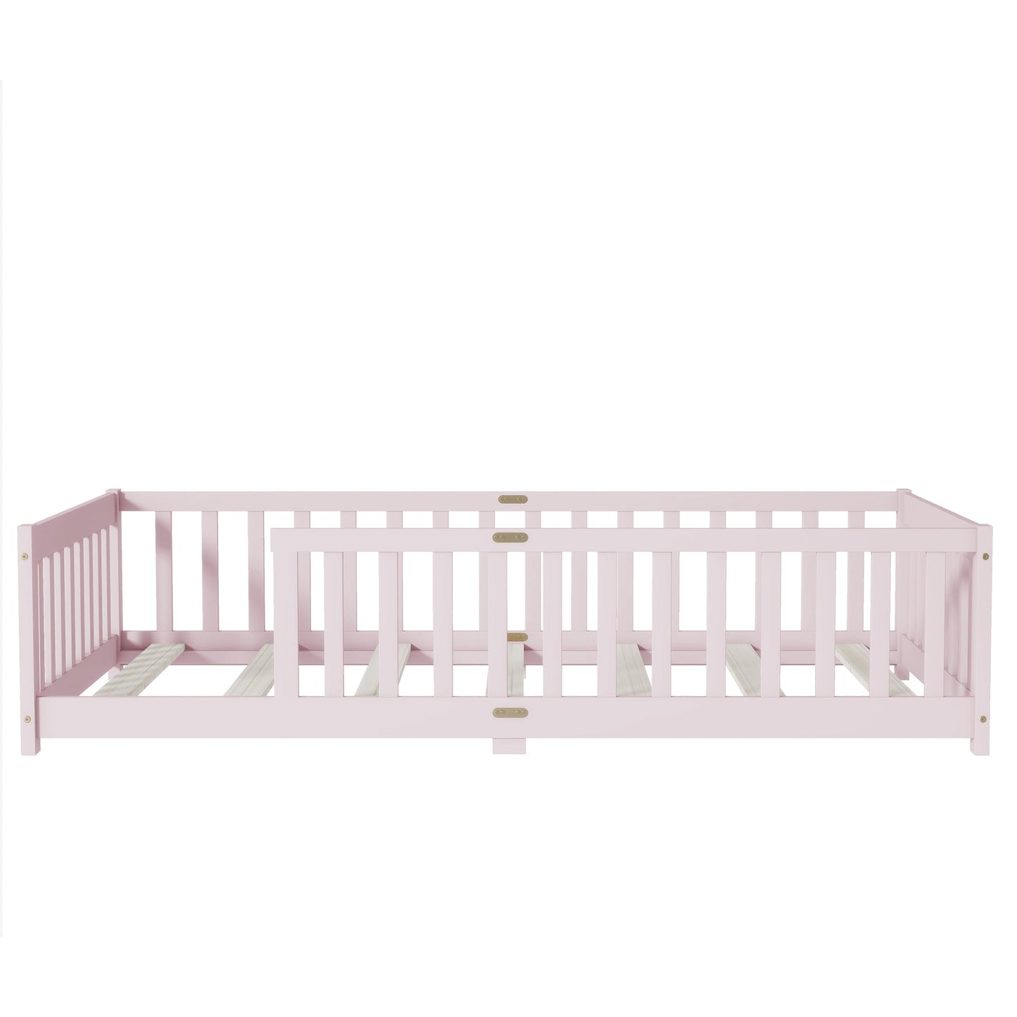 Twin Size Floor Bed with Fence without Door, Rubber Wood Floor Bed with Safety Guardrails,Pink - 1st Choice Furniture Direct