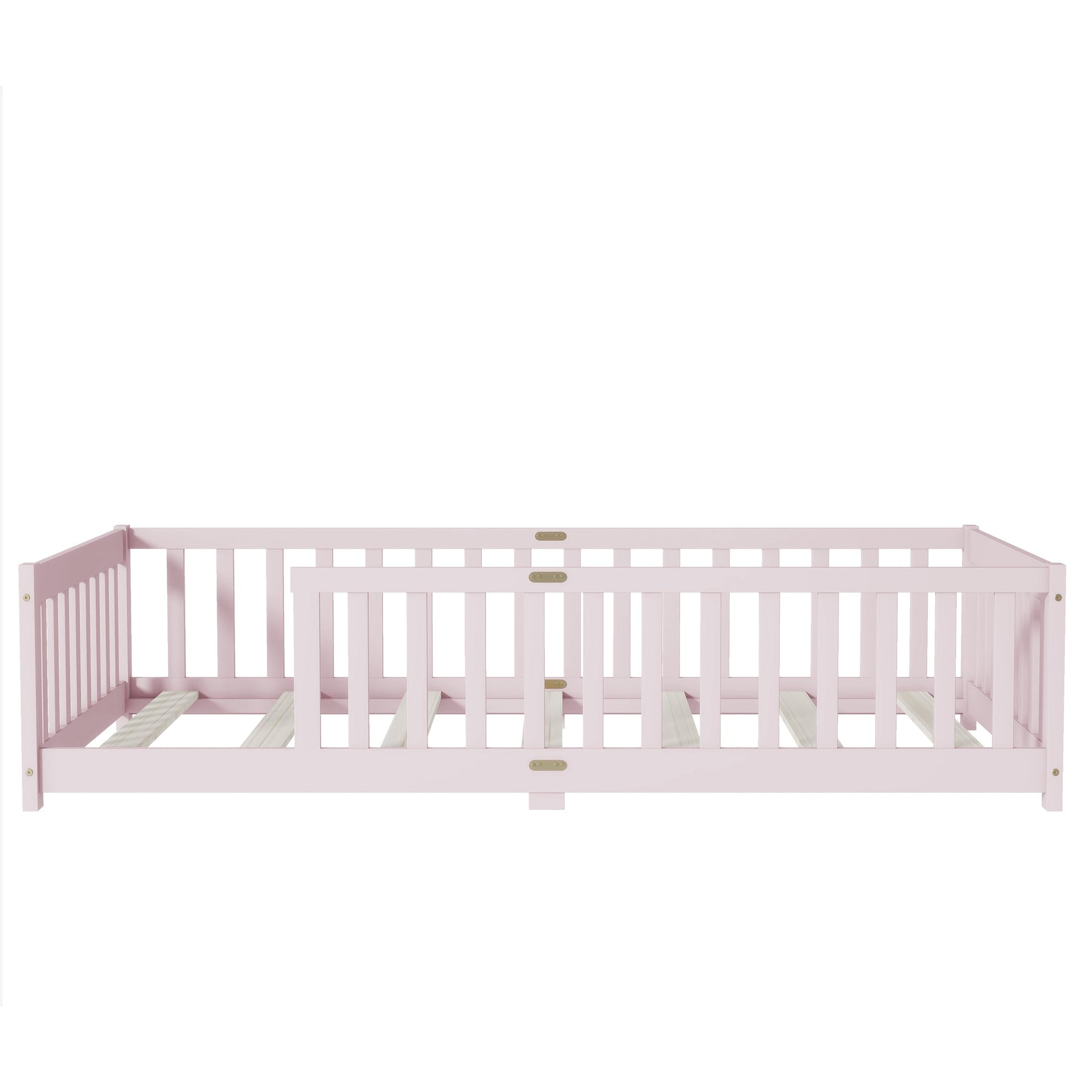 Twin Size Floor Bed with Fence without Door, Rubber Wood Floor Bed with Safety Guardrails,Pink - 1st Choice Furniture Direct