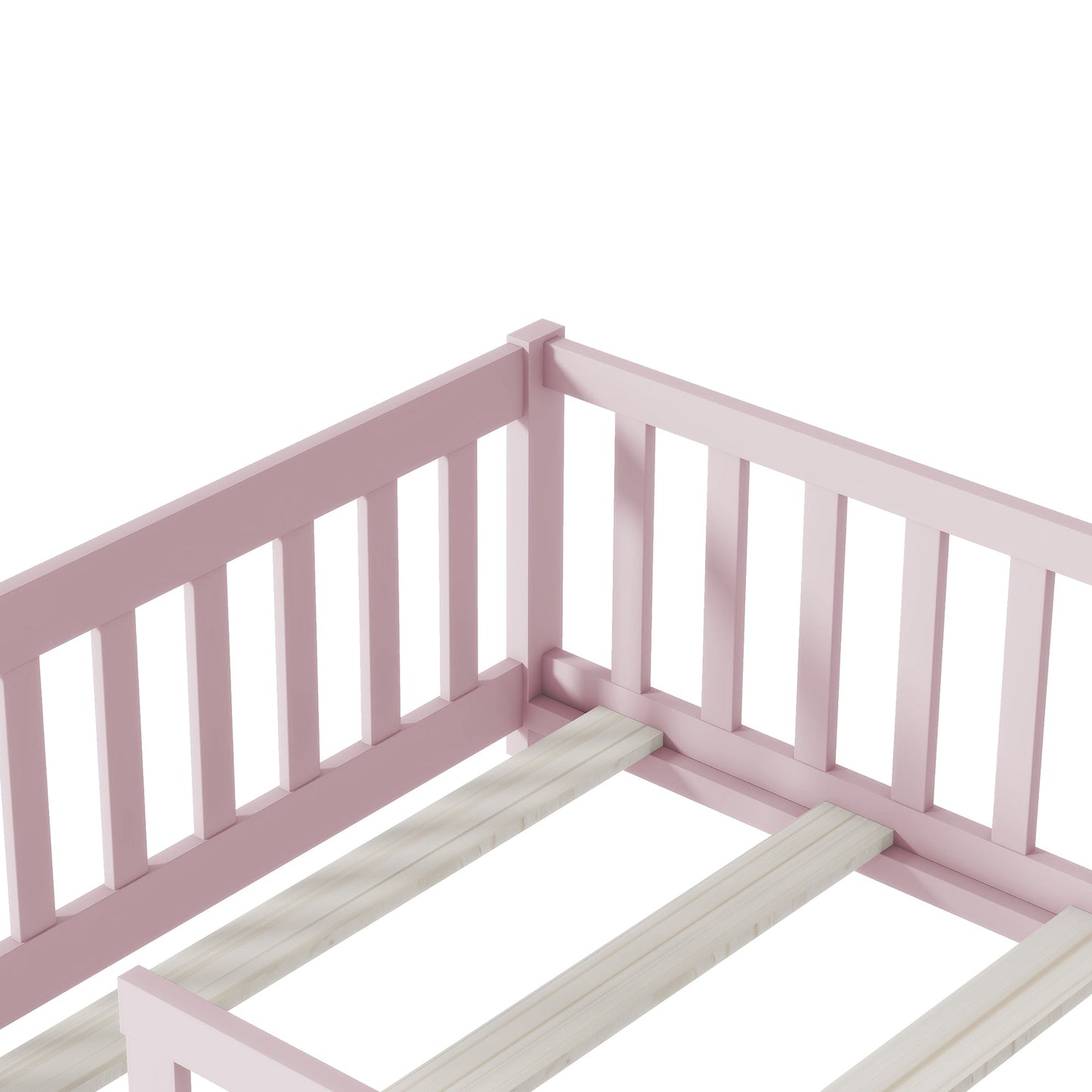 Twin Size Floor Bed with Fence without Door, Rubber Wood Floor Bed with Safety Guardrails,Pink - 1st Choice Furniture Direct
